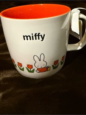 miffy White Ceramic Mug with Orange Interior- Orange tulip Floral Pattern- NWT